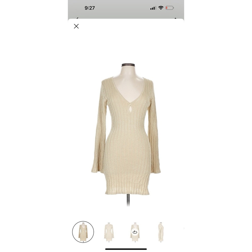 Surf Gypsy Beige/Gold Metallic Rib Knit V-Neck Long Sleeve Bodycon Dress L